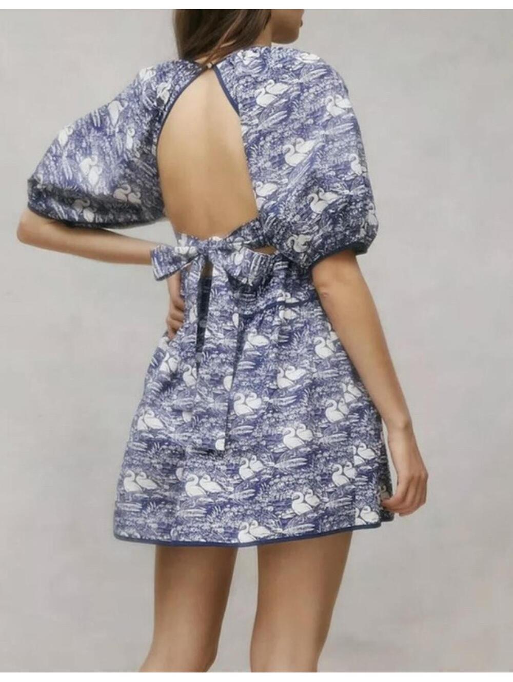 LAURA ASHLEY URBAN OUTFITTERS blue white duck puff sleeve mini dress sz XS